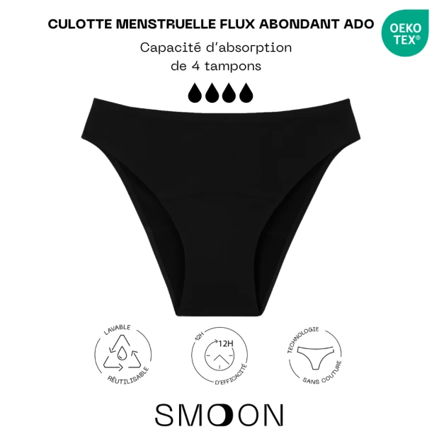 Culotte Menstruelle Sans Couture Flux Abondant Ado Noir T14-16Ans 2 Culotte Menstruelle Sans Couture Flux Abondant Ado Noir T14-16Ans – Image 2