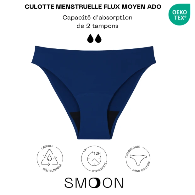 Culotte Menstruelle Sans Couture Flux Moyen Ado Bleu Marine T14-16Ans 2 Culotte Menstruelle Sans Couture Flux Moyen Ado Bleu Marine T14-16Ans – Image 2