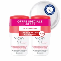 VICHY Détranspirant Intensif 72H, Peaux Sensibles, Lot De 2 Roll-on 50ml
