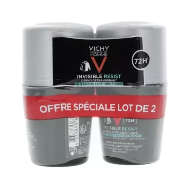 VICHY Homme Déodorant Invisible Resist Dermo-Détranspirant 72H Roll-On, Lot 2x50ml 1 VICHY Homme Déodorant Invisible Resist Dermo-Détranspirant 72H Roll-On, Lot 2x50ml
