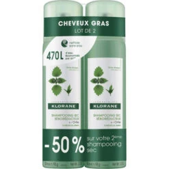Klorane Shampoing Sec Séborégulateur À L'Extrait D'Ortie. Lot De 2 Sprays 150ml